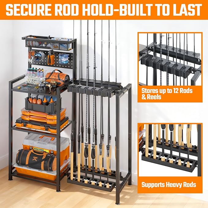 Fishing Rod Holders for Garage, Fishing Pole Holder with 3 Tier shelf, Heavy Duty Fishing Pole Rack with Pegboard & Basket, Fishing Rod Rack Hold up to 12 Fishing Rods, Ideal Fishing Gifts, Black