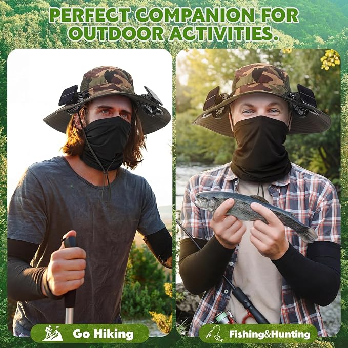 Syhood Solar Powered Fan Hat Neck Gaiter Arm Sleeves Sun Bucket Hat with Fan Cooling Wide Brim Hats for Fishing Hiking