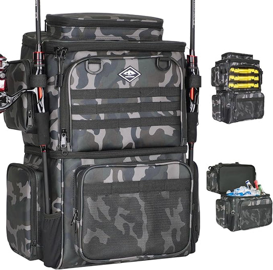 Fishing Tackle Backpack with Cooler Bag, 53L Waterproof Fishing Bag with 2 Rod Holders, Large Fishing Backpacks with Bottle Holder & Coolers, Tackle Storage, Heavy Duty Outdoor Cooler Backpack for Men
