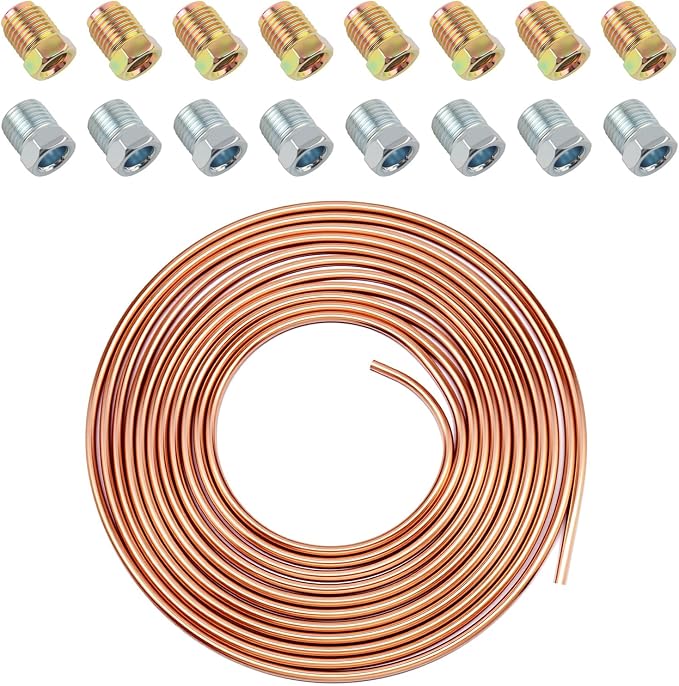 25Ft 5/16 Brake Line Kit Iron Copper Plated,Flexible 5/16 Brakes Lines Tubing Kit Includes 16PCS Inverted Tube Nuts,Professional Car Brakes Line Repair Kits Car Accessories