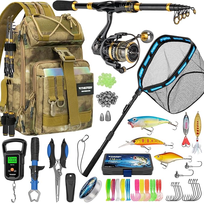 THKFISH Telescoping Fishing Rod and Reel Combo with Backpack, Carbon Fiber Travel Fishing Pole Spinning Reel Kit with Fishing Lures, Fishing Tools Kit for Men