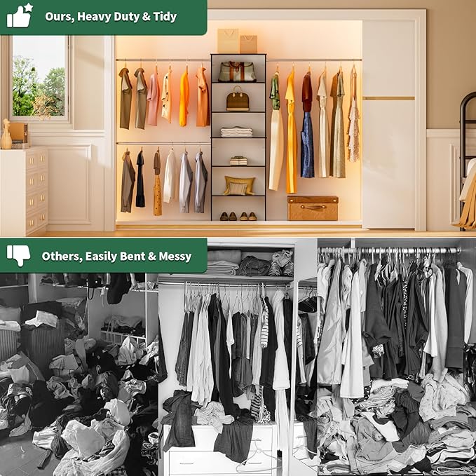 ROOMTEC Closet System, 25.5" Wide Wall-Mounted Closet Organizer Kit with Wood Storage Tower and 3 Hanging Rods, Wardrobe Closet System for Walk-In Closets, Black