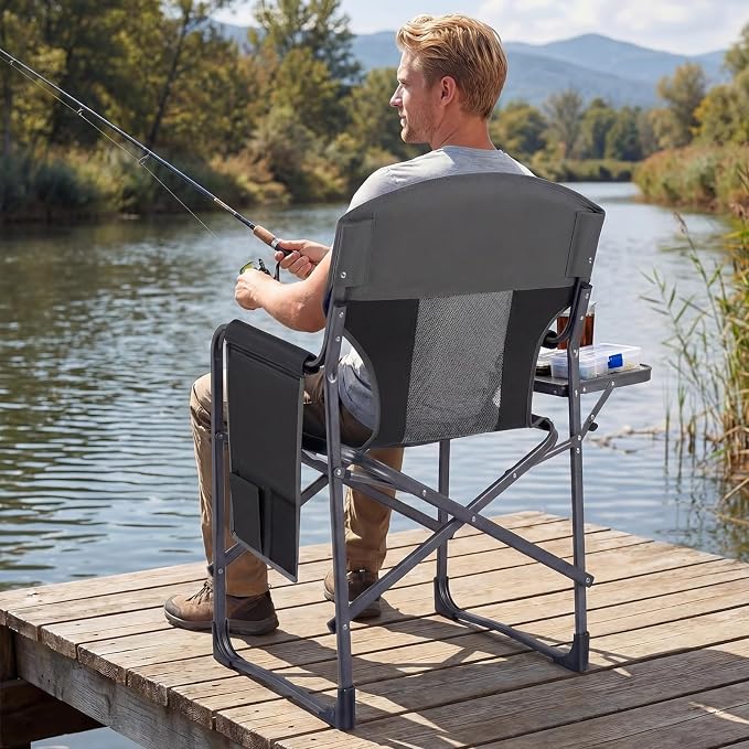 COSTWAY Oversized Folding Camping Chair with Padded Seat, Side Table, Cup Holder & Storage Pocket, Heavy-Duty Portable Director's Chair for Beach, Fishing, Picnic & Sports, Supports 400 lbs (Black,1)