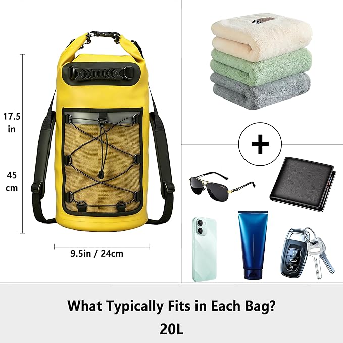 SHENDU 20L Waterproof Dry Bag - Roll-Top Backpack w/Waterproof Phone Case for Kayaking, Hiking, Camping, Boating, Beach Unisex (Yellow)