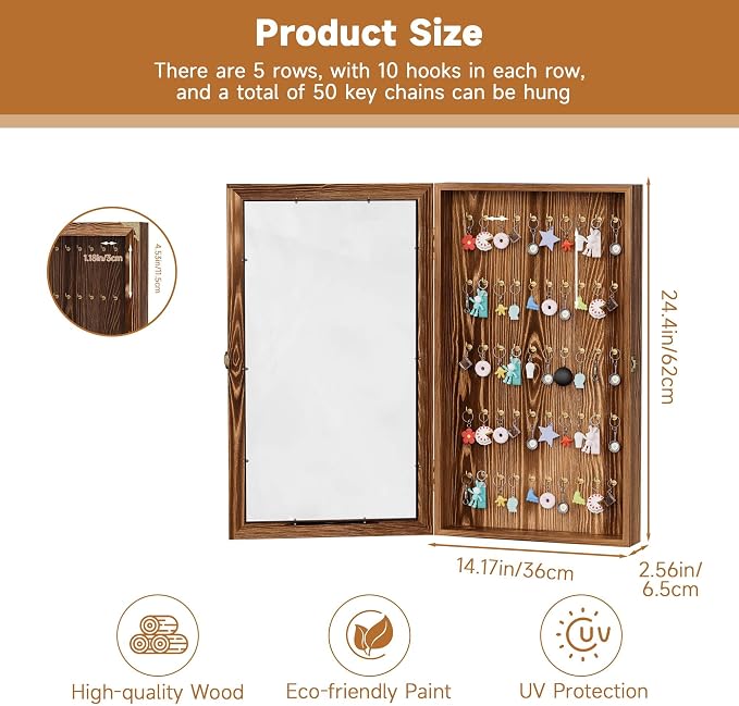tonchean Keychain Display Case Wall Cabinet Fishing Lures Baits Display Case Pocket Watches Display Case, 24.4in(H) x14.2in(Wx2.6in(D), Brown