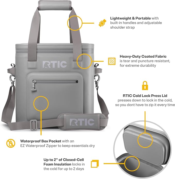 RTIC Ultra-Tough Soft Cooler Pro, Insulated, Waterproof, Leak Proof, Portable Floating Bag for Beverage, Drink, Lunch, Outdoor, Beach, Car, Camping, Picnic, Fishing, Boat