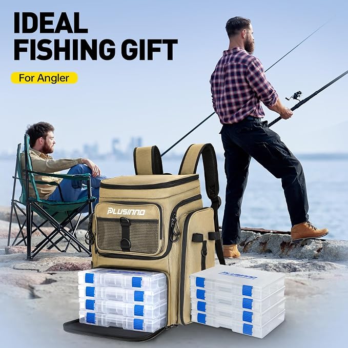 PLUSINNO Fishing Backpack with Rod Holders, 42L Large Water-Resistant Tackle Bag for Fishing, Camping, Hiking, Gifts, Khaki (4 Tackle Boxes Included), 36,6 x 25,4 x 45,7 cm, Sporty, functional