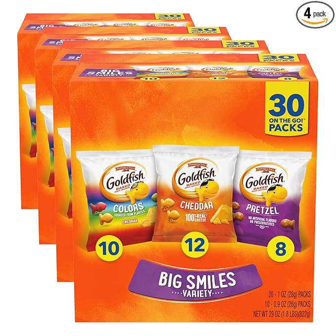 Goldfish Crackers Big Smiles Variety Pack with Cheddar, Colors, and Pretzels, Snack Packs, 30 Ct (Pack of 4)