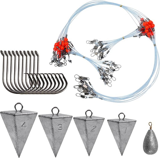 Saltwater Surf Fishing Tackle Kit - Saltwater Surf Fishing Rigs Bottom Rigs Include Fishing Leader Rigs Pyramid Sinkers Bass Casting Sinker Circle Hooks for Striped Bass Red Drum Flounder