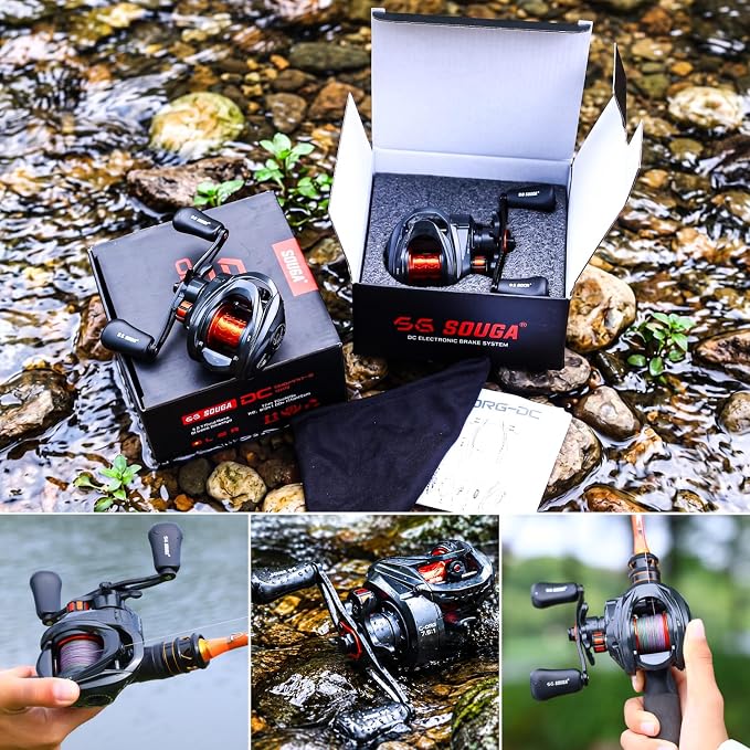 SOUGA DC Baitcaster Reel, Smart Digital Anti Backlash Baitcasting Reel, 7.5:1 High Speed, 8+1 Bearings, 18LB Max Drag, CNC Aluminum Spool, Line Out Alarm, Low Profile Fishing Reel for Bass & Beginners
