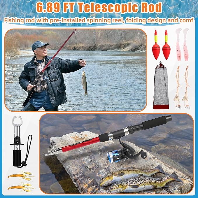 MiniInflat Telescopic Fishing Rod and Reel Combo, 6.89ft 2pcs Collapsible Rod with Plier Lip Gripper Lures Carrier Bag Pre-Loaded Spinning Reel Saltwater Freshwater Fishing Pole Kit