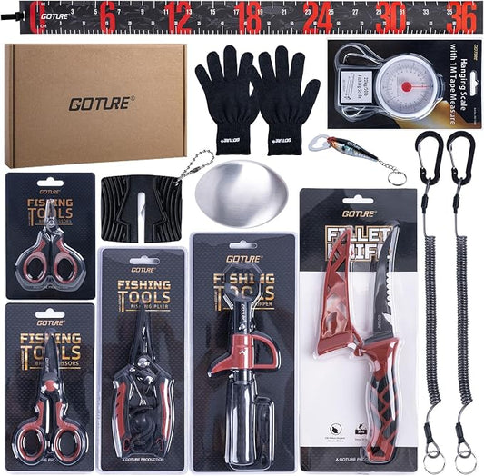 Goture Fishing Tool Kit,Fishing Pliers,Fillet Knife with Sheath,Fish Lip Gripper,Fish Hook Remover,Lanyard,Line Scissors,Sharpener,Stainless Steel Soap,Saltwater Gear Kit,Red/Pink,Gifts for Men/Women