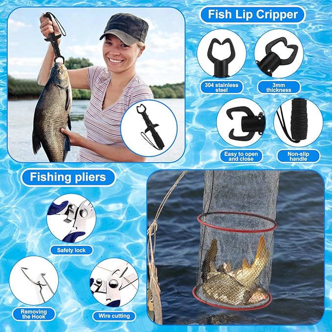 51 Pcs Father's Day Fishing Rods Combo 6.89ft Telescopic Freshwater Pole Set with Plier Lip Gripper Lures Carrier Bag Pre Loaded Spinning Reel with Freshwater Rod Reel Kit Men Gift