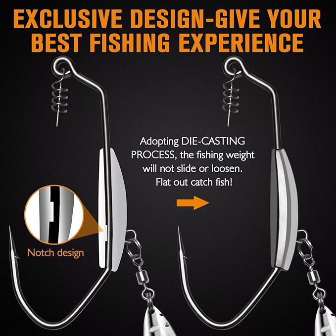 Dovesun 12PCS/44PCS Weighted Swimbait Hooks Weighted Fishing Hooks Saltwater Freshwater Worm Weedless Hooks for Bass Fishing 3/0 4/0 5/0