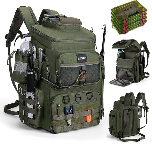 Goture Fishing Backpack with 4 Tackle Boxes, 900D Water-Resistant Tackle Backpack with Rod Holders,Insulated Cooler Compartment, 55L Large Capacity Fishing Gear Storage Bag for Saltwater & Freshwater