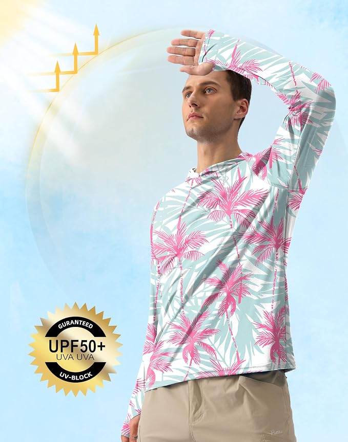 Pudolla Men's Sun Protection Hoodie Shirts UPF 50+ Rash Guard SPF Long Sleeve Fishing Shirt for Men Swim Hiking Boating