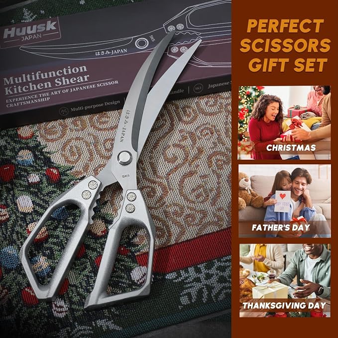 HUUSK Kitchen Scissors Silver - Stainless Steel Kitchen Shears for Food, Japanese Cooking Scissor, Sharp Meat Scissors Dishwasher Safe, Heavy Duty Poultry Shears for Chicken, Gifts for Women