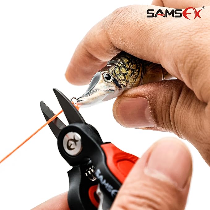 SAMSFX Fishing Nipper with Retractable Tether, Stainless Steel Blades that Cut Braid, Mono and Fluoro Lines, SNIP, Fishing Line Cutters (Red)