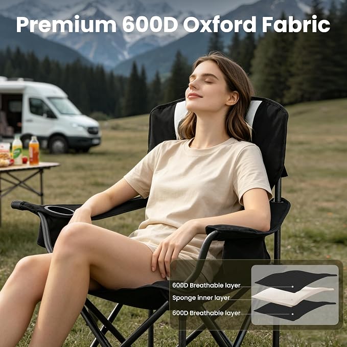Oversized Camping Chairs for Adults 2 Pack Heavy Duty 450LBS Thick 600D Oxford Fabric Outdoor Folding Camping Chairs with Cup Holder and Ice Bag for Sports, Fishing, Lawn (Black & Light Gray)