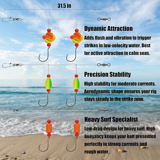 9-Pack Hand-Tied Pompano Rigs - 50lb Surf Fishing Rigs with 104pc DIY Tackle Refill Kit, Tide Card - Pre-Rigged for Pompano, Redfish, Flounder - Gift for Men Dad