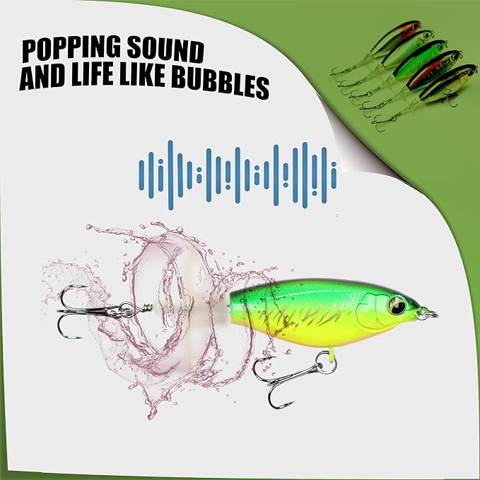 EXAURAFELIS Topwater Buzz Lure, Floating Rotating Tail Fishing Lure, Surface Noisy Hard Bait, Artificial Segmented Bait for Bass, Pike, Trout, Freshwater Saltwater Angling Tackle