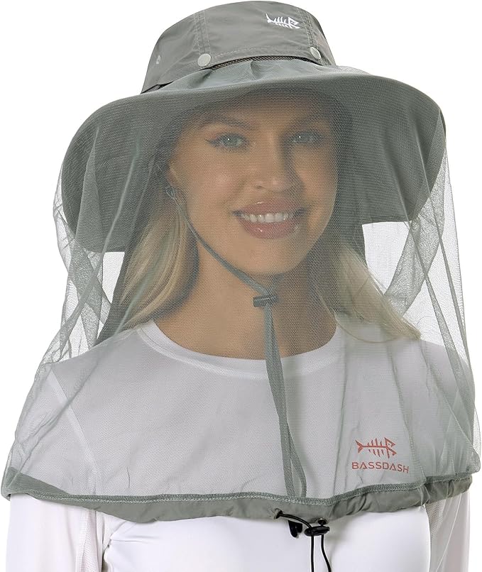 BASSDASH UPF 50+ Mosquito Sun Hat with Hidden Head Net and Neck Flap for Men Women Outdoor Fishing Hiking Camping