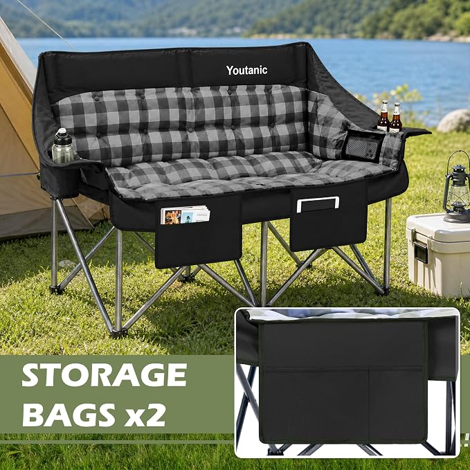 Youtanic Double Camping Chair, Heavy Duty 650lbs Padded Loveseat for Adults, Folding 2 Person Camp Couch with Cup Holder & Carry Bag, Wide Plaid Portable Lawn Seat for Outdoor Beach Sports, Black