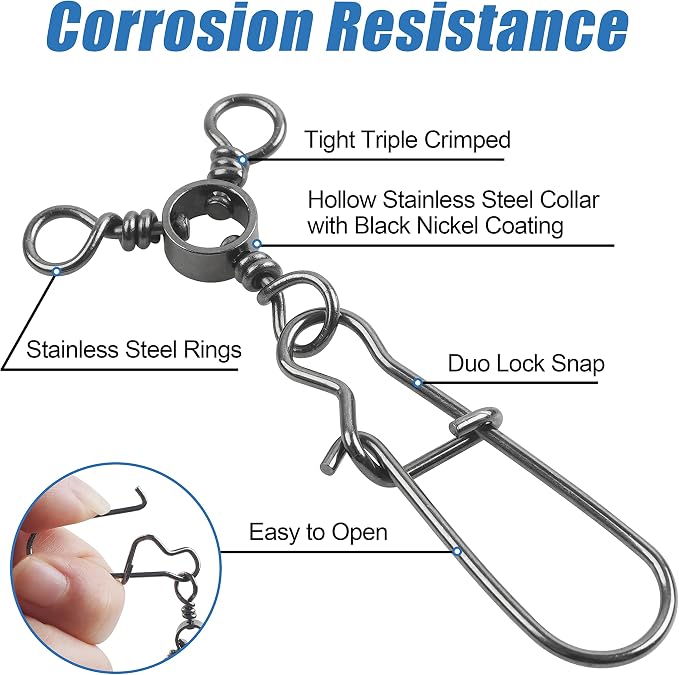 AGOOL Fishing 3 Way Swivel Snaps - 30pcs T-Turn Fishing Swivels Triple Swivels Cross Line Duo Lock Snap Swivels Fishing Lure Connectors Fishing Tackle for Trolling Catfish Rig Saltwater Freshwater