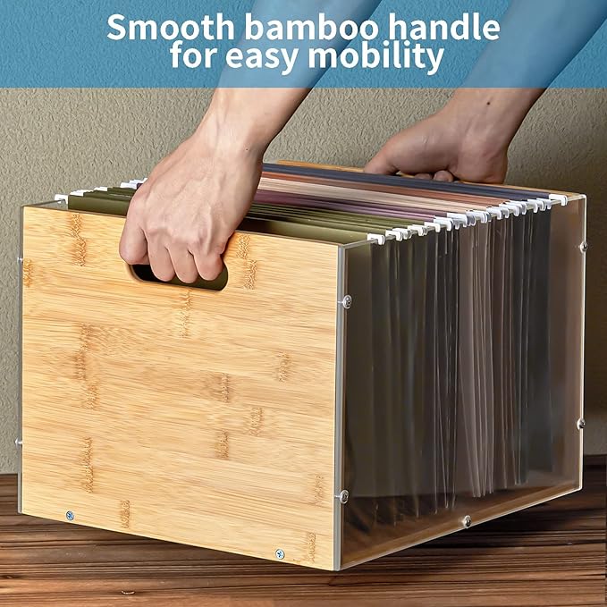 2 Pack Hanging File Organizer, Clear Acrylic File Box Organizer, Bamboo Filing Box File Crate Storage Boxes, Portable Filing Organizer with Handle for Letter Size