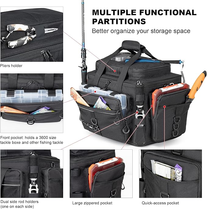 Rabjen Fishing Tackle Bag with Rod Holders & Cooler Main Compartment – Large Capacity Fishing Bag for Organized Gear Storage