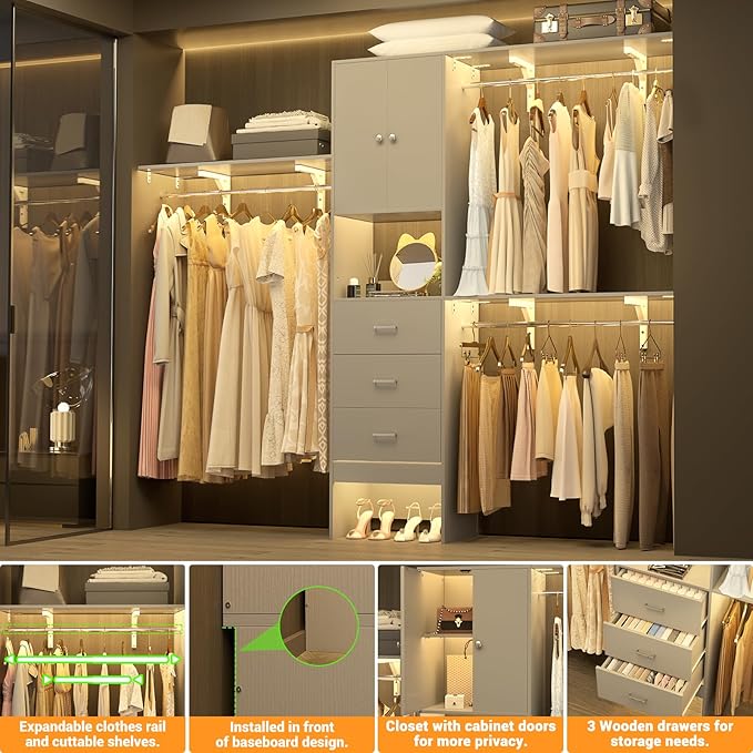 Armocity 96 Inches Closet System with Doors, 8FT Walk In Closet Organizer with 3 Shelving Towers, Heavy Duty Clothes Garment Rack with 3 Wood Drawers, 96" L x 16" W x 80" H, Max Load 1000 LBS, Grey