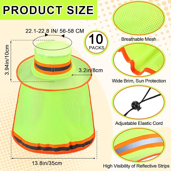 Jexine 10 Pcs High Visibility Reflective Hat with Neck Flap Safety Sun Hat for Men Bucket Cap Boonie Hats Bulk