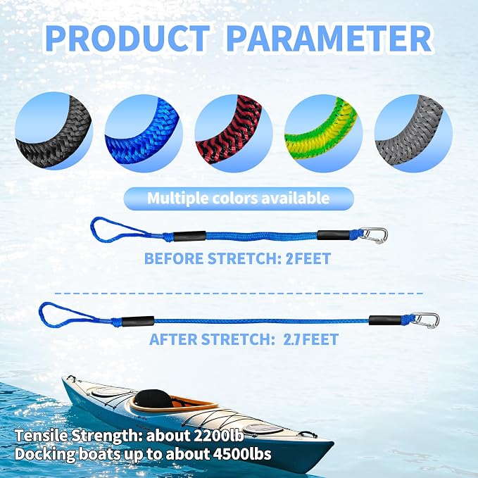 2FT Boat Dock Line Shock Absorbing Mooring Bungee Dock Lines for Boats Accessories Ideal for SeaDoo, Kayak, Pontoon, Power Boat 2PCS(Blue, 2FT-Single Clips)