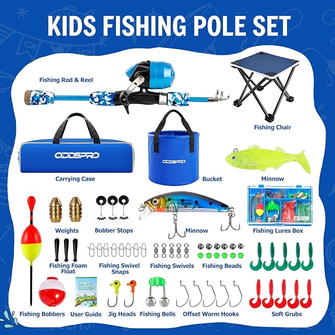 ODDSPRO Kids Fishing Pole - Portable Kids Fishing Rod and Reel Combo, Kids Fishing Gear with Tackle Box, Spincast Reel, Collapsible Chair and Bucket, Fishing Pole for Kids Boys Girls Toddler Youth 3+