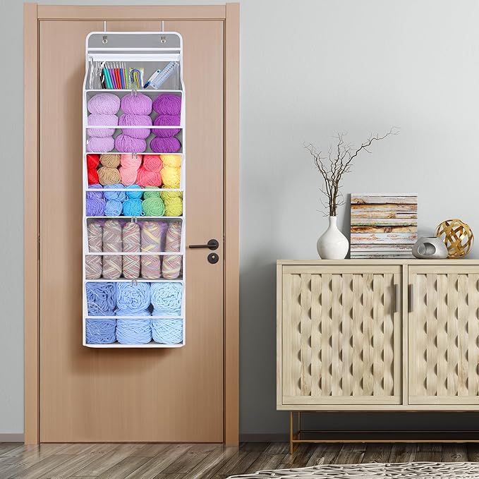Univivi Hanging Yarn Storage Organizer with 5 Zipper Closure Compartments, Large Capacity Knitting Organizer Storage, Over the Door Hanging Yarn Holder for Knitting Needles, Crochet Hooks (Light Grey)