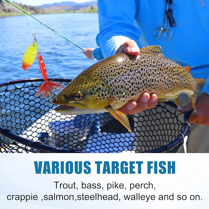 Spinner Baits Bass Lures Rooster Feather Tail Fishing Lures Trout Lures Hard Metal Inline Spinnerbaits for Bass Trout Pike Walleye Salmon with Tackle Box