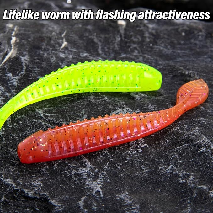 Dr.Fish 20 Pack Soft Worm Fishing Lures Flat Tail Soft Plastic Bass Fishing Bait Drop Shot Bait Freshwater Crappie Walleye Panfish