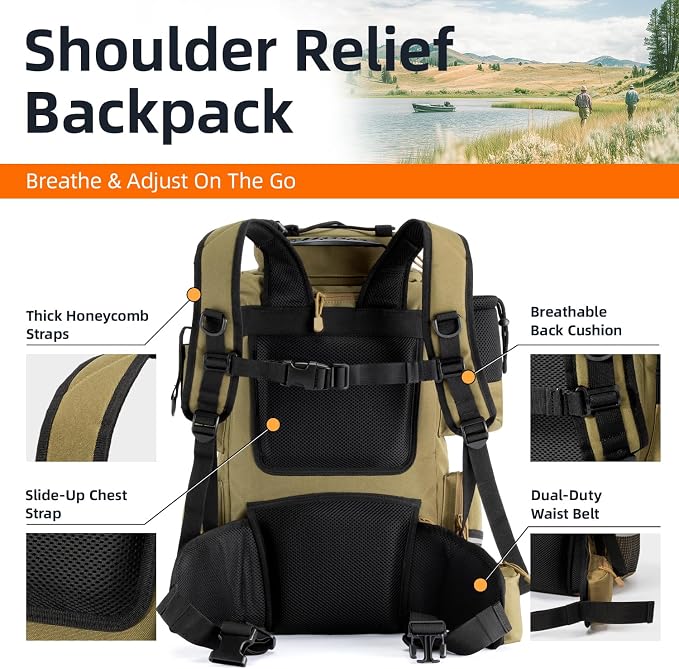 Ghosthorn Fishing Tackle Backpack with 4 3600 Tackle Boxes Rod Holder Outdoor 43L Large Bag with Detachable Wasit Bag Storage Fishing Gear and Equipment Waterproof