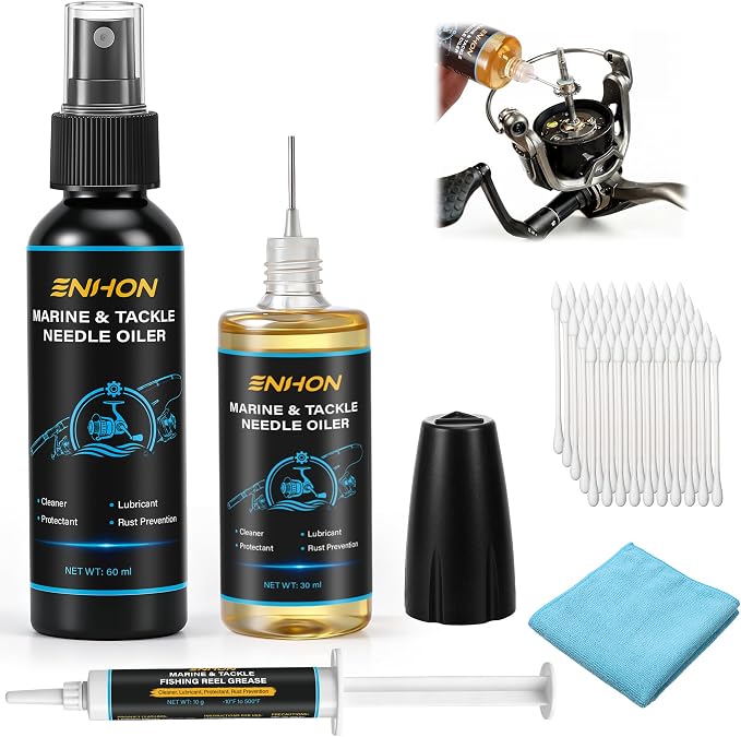 Enhon Fishing Reel Oil Kit, 1 oz Needle Fishing Gear Oil Lubricant, 2 oz Clean Sprayer for Lubricate, 10 g Grease, Cotton Swabs, Microfiber Cloth, Fish Reel Maintenance Kit for Fish Care Reels & More