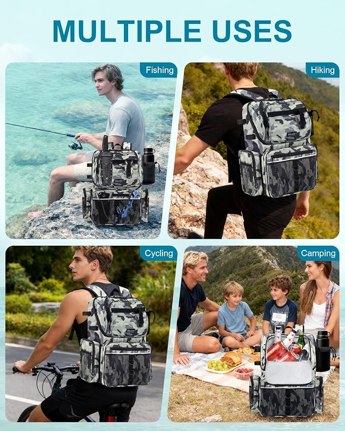 HXLGMD Fishing Backpack with Rod Holders, 43L Large Water Resistant Tackle Bag Storage Gear and Equipment with Cooler for Men Fishing, Camping, Hiking, Grey