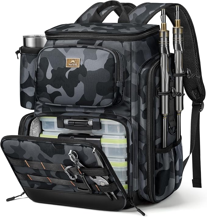 MATEIN Pro Fishing Backpack with 4 Tackle Boxes, 3600 Tackle Box Backpack with Rod Holder, Large Side Gear Storage & Cooler