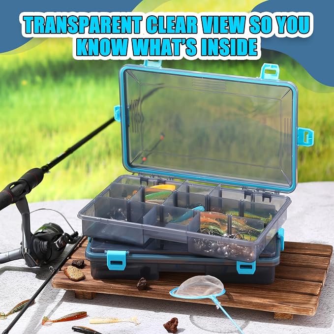 Wonderjune 6 Pack Fishing Tackle Boxes Waterproof 3600 and 3700 Tackle Trays with Removable Dividers Plastic Storage Organizer Bait Vault Camouflage Box for Freshwater Saltwater (Blue,3600)