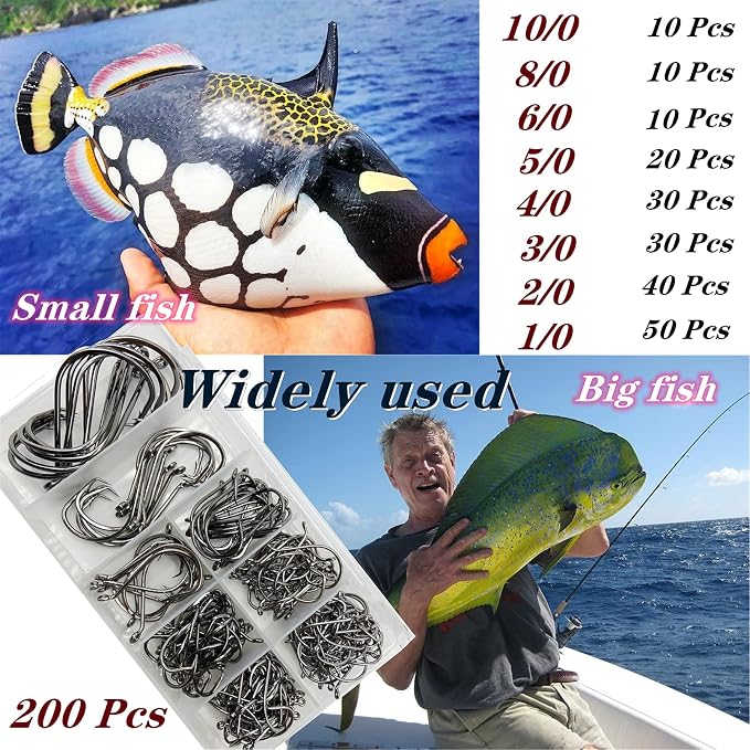 200Pcs/Box（Size:10/0... to...1/0 Strong Octopus Fishing Hooks, Forged Steel/Barded Design, Off-Set Point/Closed Eye, Strong/Sturdy, 10/0 8/0 6/0 5/0 4/0 3/0 2/0 1/0 Mixed Packaging