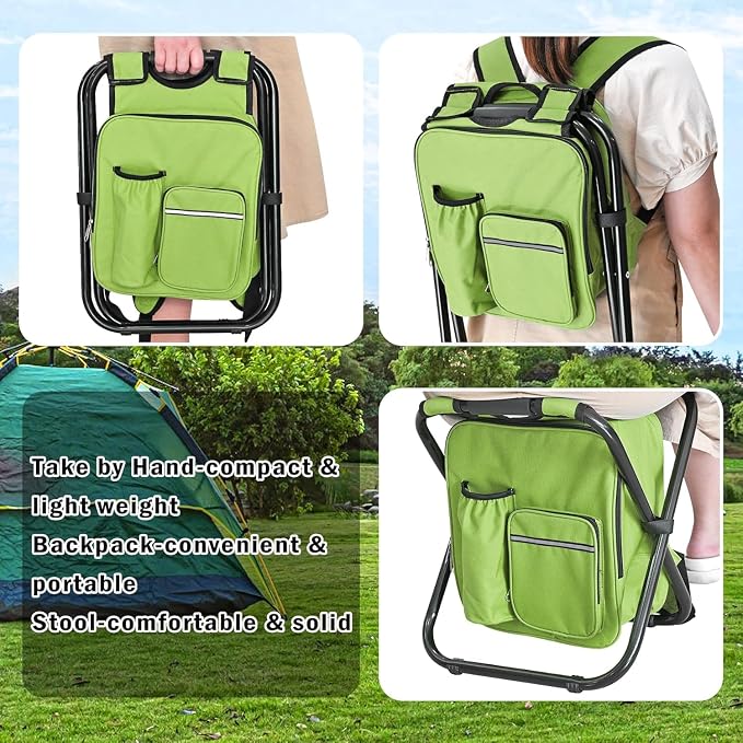 Kikerike Backpack Stool Cooler Chair Heavy Duty 300 LBS Max Load Portable Lightweight Stool Backpack Folding Fishing Cooler Seat for Camping Hunting Fishing - Grass Green