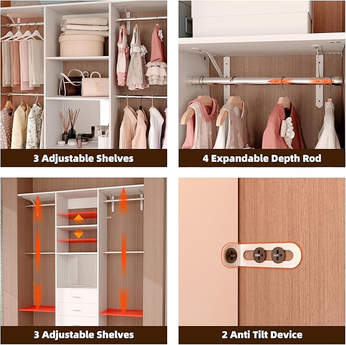 Closet System Set With Concealable Stool, Closet Organizer System With 4 Wood Drawers, Walk-In Closet Storage System, 5 Adjustable Cloth Garment Rack from 3 to 5FT, White