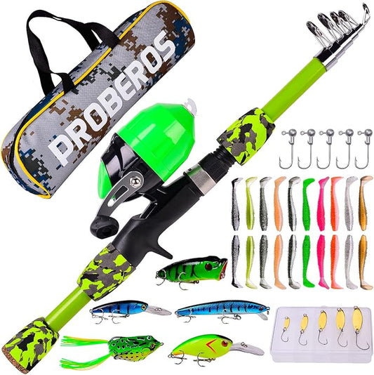 PROBEROS Kids Fishing Pole - Portable Telescopic Fishing Rod and Reel Combo Kit - Spincast Fishing Reel Casting Rods with Lures Lines Tackle Box and Bag for Boys Girls Youth Fishing