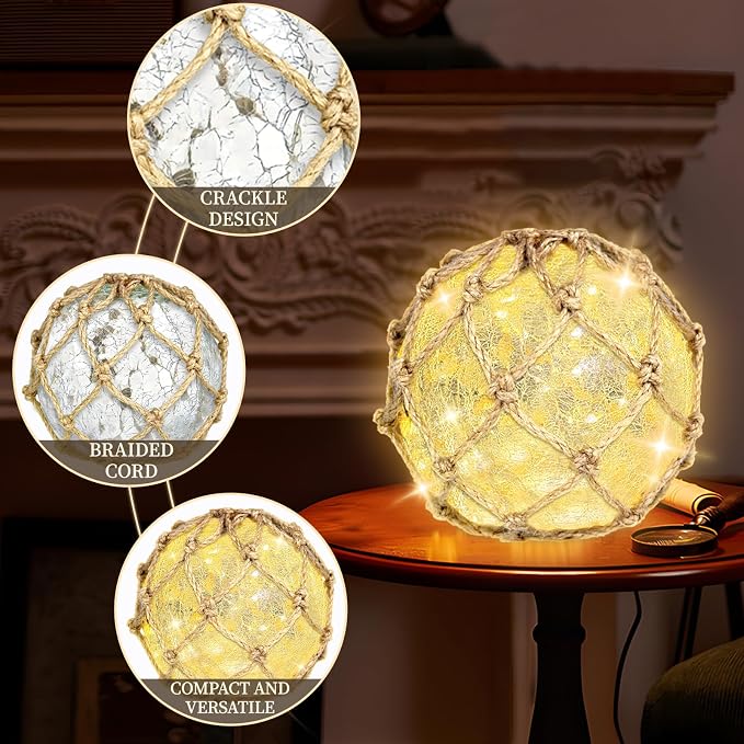 5.91" Glass Fishing Float Night Light – Cracked Glass Ball, Battery Powered Nautical Lamp for Coastal Beach Decor
