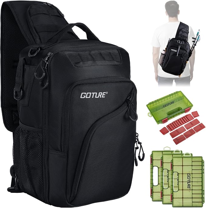 Goture Black Fishing Bag with Tackle Boxes, Crossbody Sling Tackle Backpack for Men, 20L Large Capacity Fits 3600 Trays, Durable Fishing Gear Storage, Best Fishing Gifts for Anglers