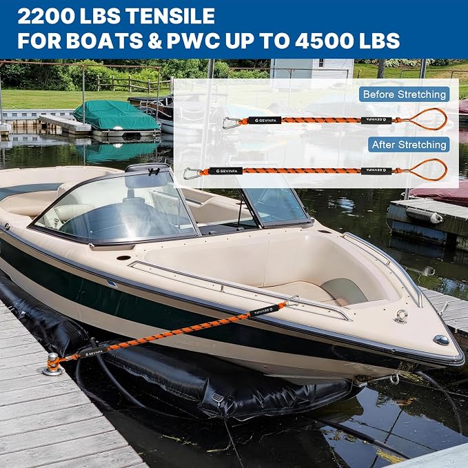Bungee Dock Lines for Boats 4.3 Ft Stretch to 5.6 Ft, 2 Pack Marine Grade Bungee Cords with 316 SS Clips and EVA Floating Sleeve for Jet Ski Kayak Pontoon Boat Accessories (Orange+Black)