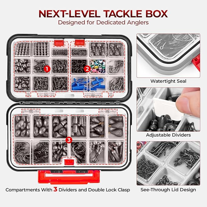 MadBite by KastKing 182/265/400pcs Compact Fishing Tackle Kit - All-in-One Freshwater Hooks, Weights, Bobbers in Tackle Box, Fishing Gear Set for Bass Trout Panfish